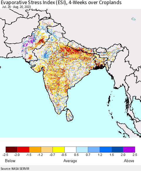 Southern Asia Evaporative Stress Index (ESI), 4-Weeks over Croplands Thematic Map For 8/14/2023 - 8/20/2023