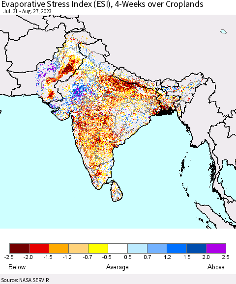 Southern Asia Evaporative Stress Index (ESI), 4-Weeks over Croplands Thematic Map For 8/21/2023 - 8/27/2023