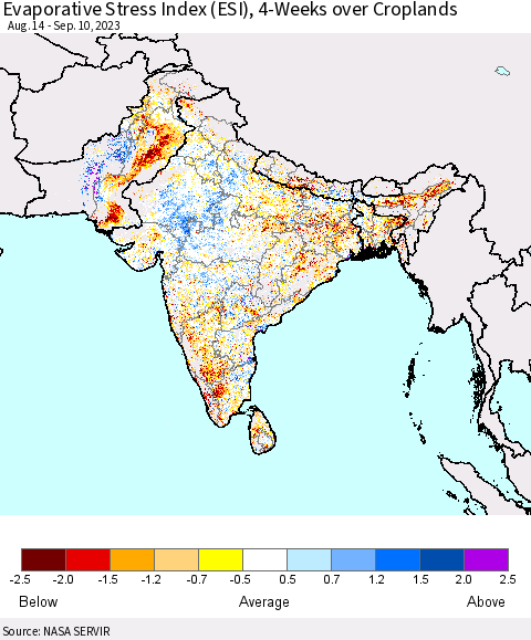 Southern Asia Evaporative Stress Index (ESI), 4-Weeks over Croplands Thematic Map For 9/4/2023 - 9/10/2023