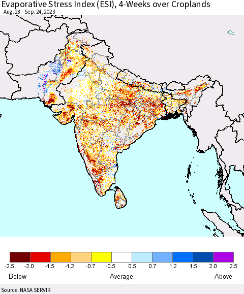 Southern Asia Evaporative Stress Index (ESI), 4-Weeks over Croplands Thematic Map For 9/18/2023 - 9/24/2023