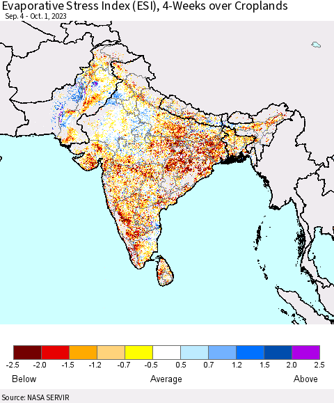 Southern Asia Evaporative Stress Index (ESI), 4-Weeks over Croplands Thematic Map For 9/25/2023 - 10/1/2023
