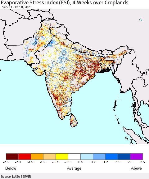 Southern Asia Evaporative Stress Index (ESI), 4-Weeks over Croplands Thematic Map For 10/2/2023 - 10/8/2023