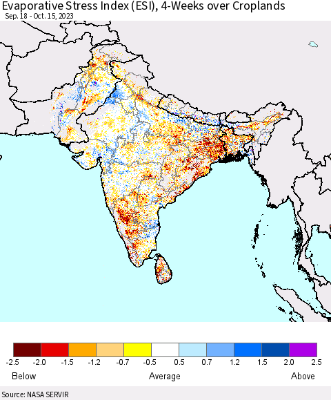 Southern Asia Evaporative Stress Index (ESI), 4-Weeks over Croplands Thematic Map For 10/9/2023 - 10/15/2023