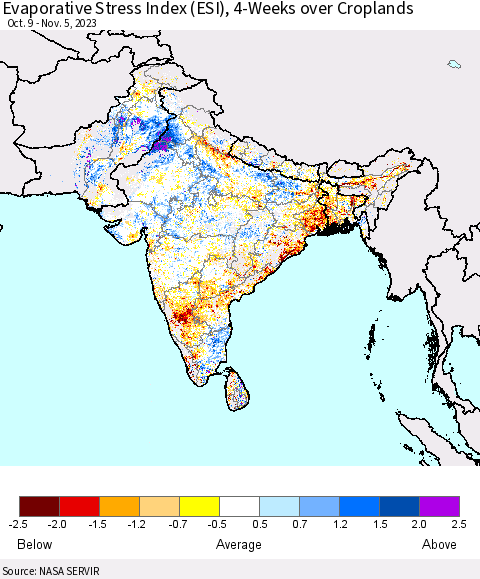 Southern Asia Evaporative Stress Index (ESI), 4-Weeks over Croplands Thematic Map For 10/30/2023 - 11/5/2023
