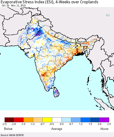 Southern Asia Evaporative Stress Index (ESI), 4-Weeks over Croplands Thematic Map For 11/6/2023 - 11/12/2023