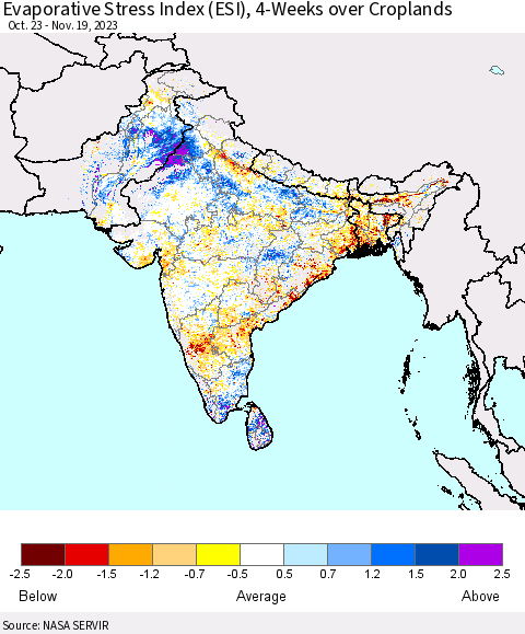 Southern Asia Evaporative Stress Index (ESI), 4-Weeks over Croplands Thematic Map For 11/13/2023 - 11/19/2023