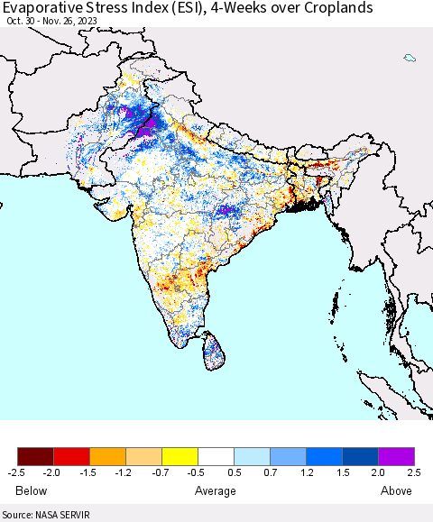 Southern Asia Evaporative Stress Index (ESI), 4-Weeks over Croplands Thematic Map For 11/20/2023 - 11/26/2023
