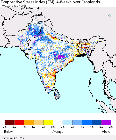 Southern Asia Evaporative Stress Index (ESI), 4-Weeks over Croplands Thematic Map For 12/11/2023 - 12/17/2023
