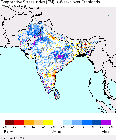 Southern Asia Evaporative Stress Index (ESI), 4-Weeks over Croplands Thematic Map For 12/18/2023 - 12/24/2023