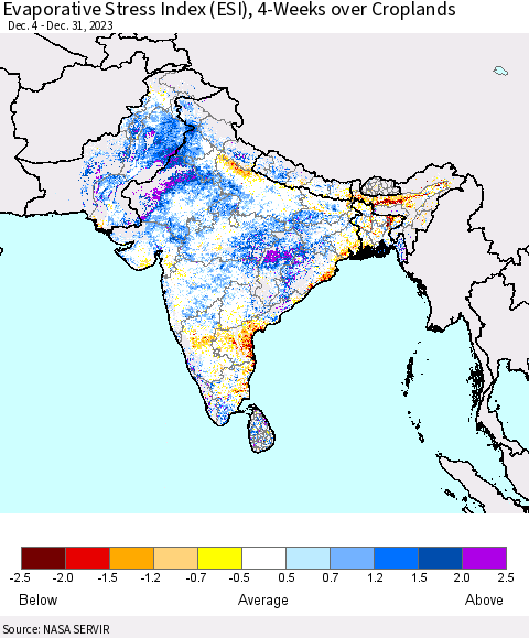 Southern Asia Evaporative Stress Index (ESI), 4-Weeks over Croplands Thematic Map For 12/25/2023 - 12/31/2023