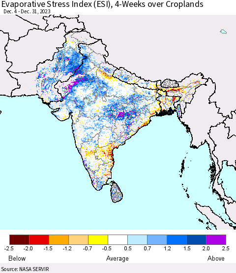 Southern Asia Evaporative Stress Index (ESI), 4-Weeks over Croplands Thematic Map For 1/1/2024 - 1/7/2024