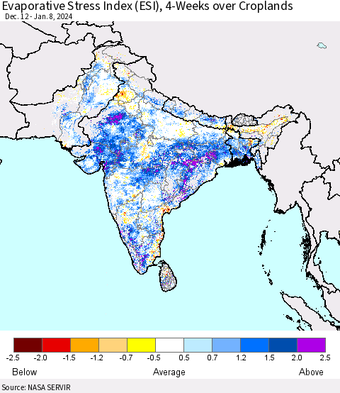 Southern Asia Evaporative Stress Index (ESI), 4-Weeks over Croplands Thematic Map For 1/8/2024 - 1/14/2024