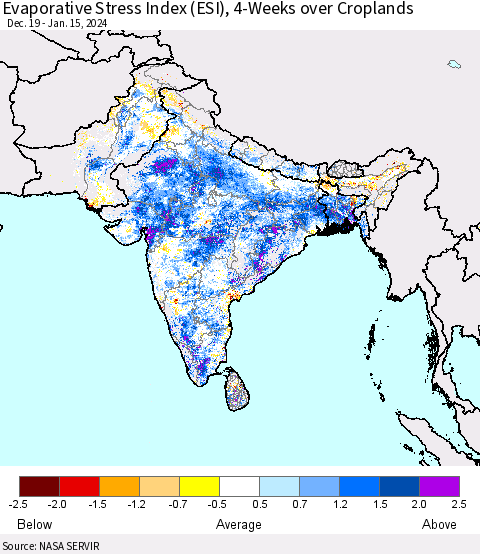 Southern Asia Evaporative Stress Index (ESI), 4-Weeks over Croplands Thematic Map For 1/15/2024 - 1/21/2024