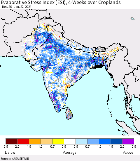 Southern Asia Evaporative Stress Index (ESI), 4-Weeks over Croplands Thematic Map For 1/22/2024 - 1/28/2024