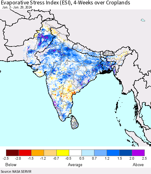 Southern Asia Evaporative Stress Index (ESI), 4-Weeks over Croplands Thematic Map For 1/29/2024 - 2/4/2024