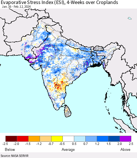 Southern Asia Evaporative Stress Index (ESI), 4-Weeks over Croplands Thematic Map For 2/12/2024 - 2/18/2024