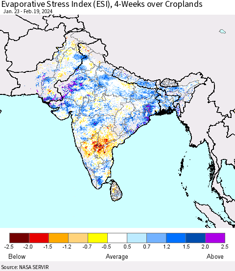 Southern Asia Evaporative Stress Index (ESI), 4-Weeks over Croplands Thematic Map For 2/19/2024 - 2/25/2024