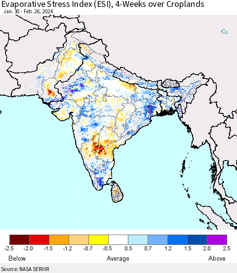 Southern Asia Evaporative Stress Index (ESI), 4-Weeks over Croplands Thematic Map For 2/26/2024 - 3/3/2024