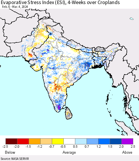 Southern Asia Evaporative Stress Index (ESI), 4-Weeks over Croplands Thematic Map For 3/4/2024 - 3/10/2024