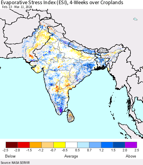 Southern Asia Evaporative Stress Index (ESI), 4-Weeks over Croplands Thematic Map For 3/11/2024 - 3/17/2024