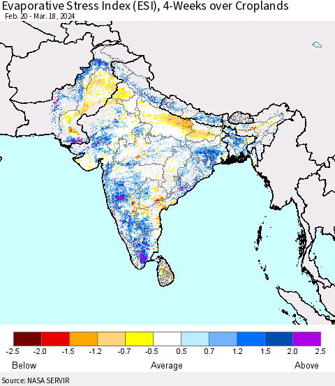 Southern Asia Evaporative Stress Index (ESI), 4-Weeks over Croplands Thematic Map For 3/18/2024 - 3/24/2024