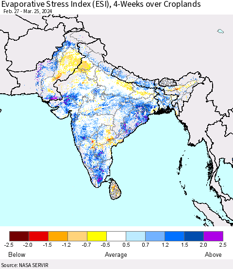 Southern Asia Evaporative Stress Index (ESI), 4-Weeks over Croplands Thematic Map For 3/25/2024 - 3/31/2024