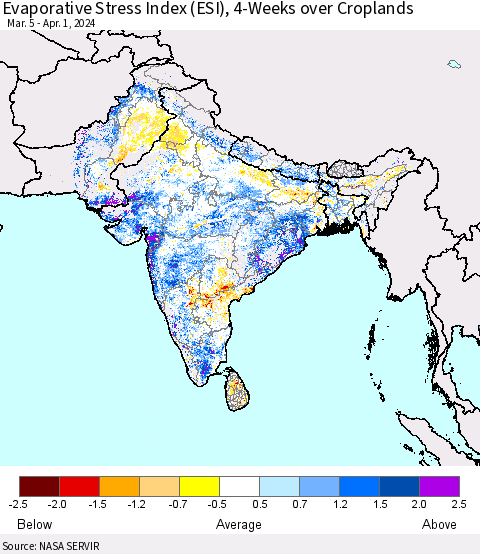 Southern Asia Evaporative Stress Index (ESI), 4-Weeks over Croplands Thematic Map For 4/1/2024 - 4/7/2024