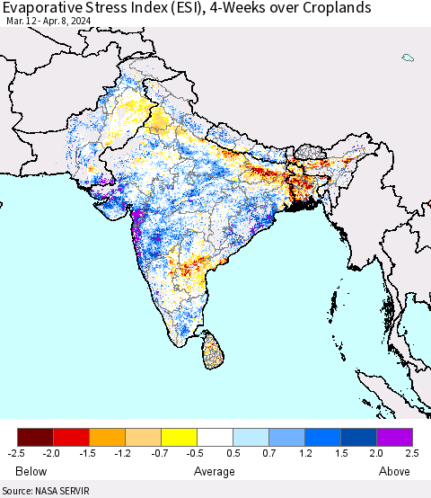 Southern Asia Evaporative Stress Index (ESI), 4-Weeks over Croplands Thematic Map For 4/8/2024 - 4/14/2024