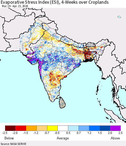 Southern Asia Evaporative Stress Index (ESI), 4-Weeks over Croplands Thematic Map For 4/15/2024 - 4/21/2024