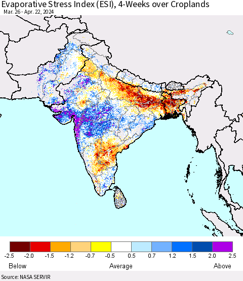 Southern Asia Evaporative Stress Index (ESI), 4-Weeks over Croplands Thematic Map For 4/22/2024 - 4/28/2024