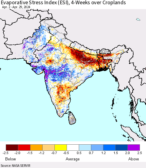 Southern Asia Evaporative Stress Index (ESI), 4-Weeks over Croplands Thematic Map For 4/29/2024 - 5/5/2024