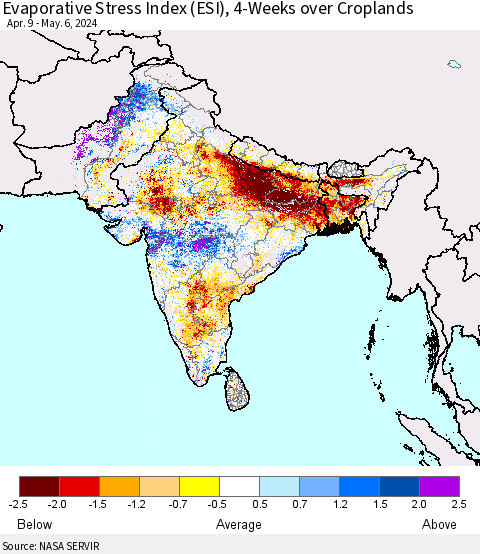 Southern Asia Evaporative Stress Index (ESI), 4-Weeks over Croplands Thematic Map For 5/6/2024 - 5/12/2024
