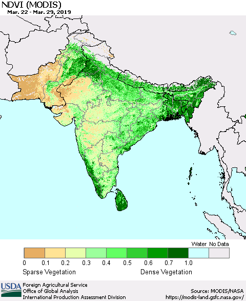 Southern Asia NDVI (Terra-MODIS) Thematic Map For 3/21/2019 - 3/31/2019