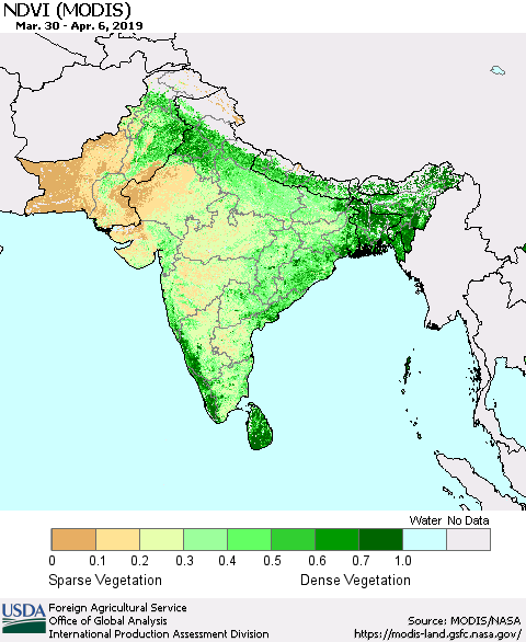 Southern Asia NDVI (Terra-MODIS) Thematic Map For 4/1/2019 - 4/10/2019