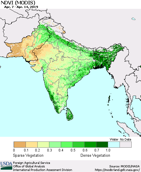 Southern Asia NDVI (Terra-MODIS) Thematic Map For 4/11/2019 - 4/20/2019