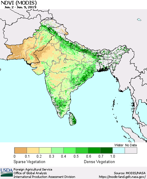 Southern Asia NDVI (MODIS-Terra) Thematic Map For 6/1/2019 - 6/10/2019