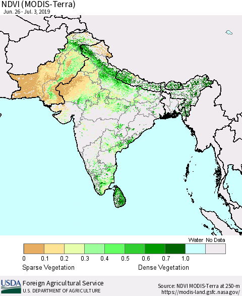 Southern Asia NDVI (Terra-MODIS) Thematic Map For 7/1/2019 - 7/10/2019
