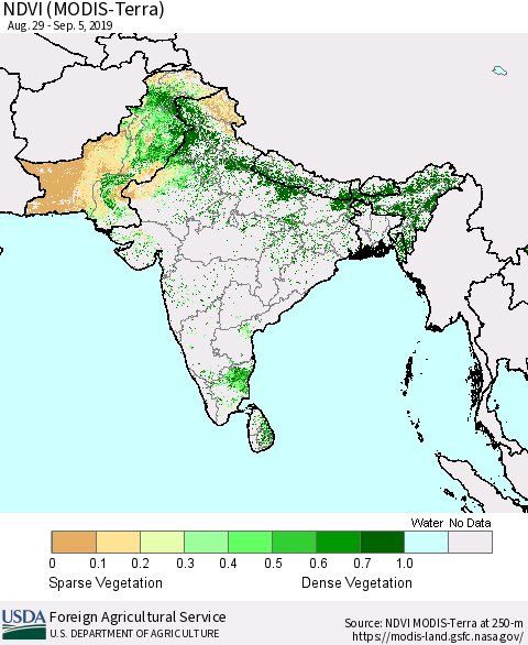 Southern Asia NDVI (Terra-MODIS) Thematic Map For 9/1/2019 - 9/10/2019