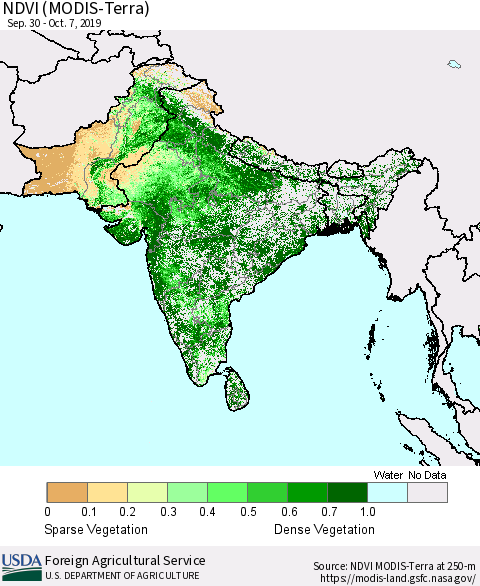Southern Asia NDVI (Terra-MODIS) Thematic Map For 10/1/2019 - 10/10/2019