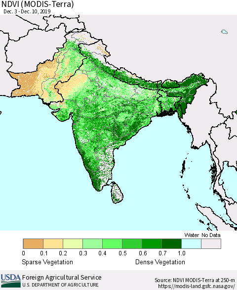 Southern Asia NDVI (Terra-MODIS) Thematic Map For 12/1/2019 - 12/10/2019