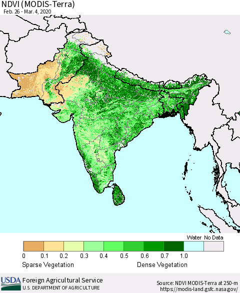 Southern Asia NDVI (MODIS-Terra) Thematic Map For 3/1/2020 - 3/10/2020