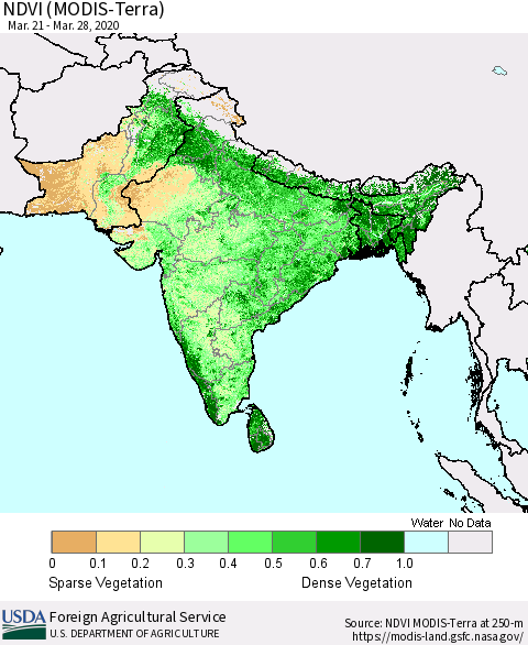 Southern Asia NDVI (Terra-MODIS) Thematic Map For 3/21/2020 - 3/31/2020