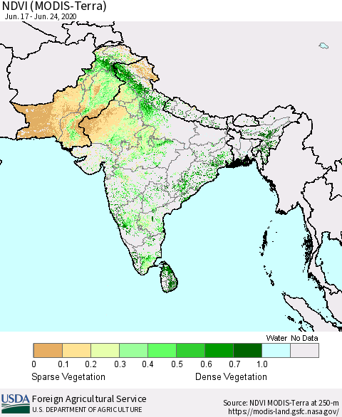 Southern Asia NDVI (Terra-MODIS) Thematic Map For 6/21/2020 - 6/30/2020