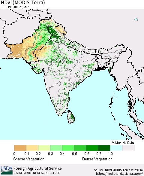 Southern Asia NDVI (MODIS-Terra) Thematic Map For 7/21/2020 - 7/31/2020