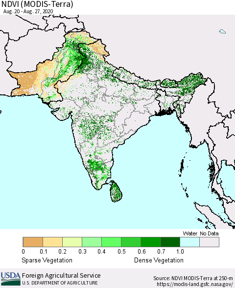 Southern Asia NDVI (MODIS-Terra) Thematic Map For 8/21/2020 - 8/31/2020