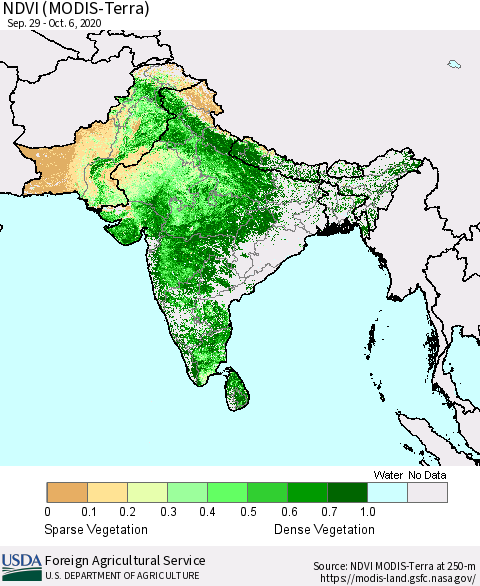 Southern Asia NDVI (Terra-MODIS) Thematic Map For 10/1/2020 - 10/10/2020