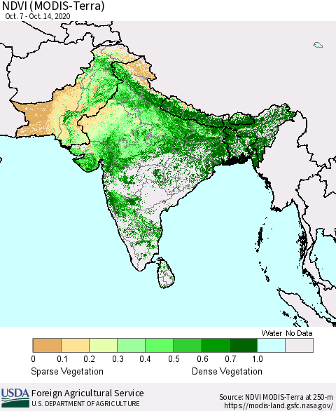 Southern Asia NDVI (MODIS-Terra) Thematic Map For 10/11/2020 - 10/20/2020