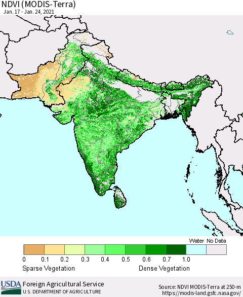 Southern Asia NDVI (Terra-MODIS) Thematic Map For 1/21/2021 - 1/31/2021