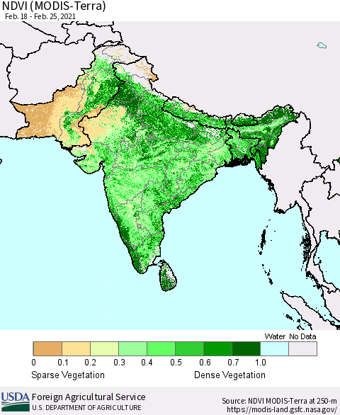 Southern Asia NDVI (Terra-MODIS) Thematic Map For 2/21/2021 - 2/28/2021