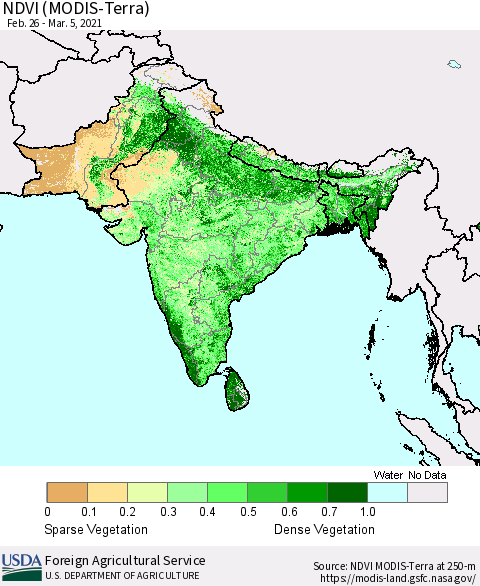 Southern Asia NDVI (MODIS-Terra) Thematic Map For 3/1/2021 - 3/10/2021